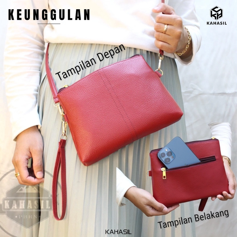 Product image KAHASIL - Tas Dompet Selempang Sling Bag Pouch Clutch Wanita 3in1 Bahan Kulit Jeruk Papirut KHDP87 all variant Tan